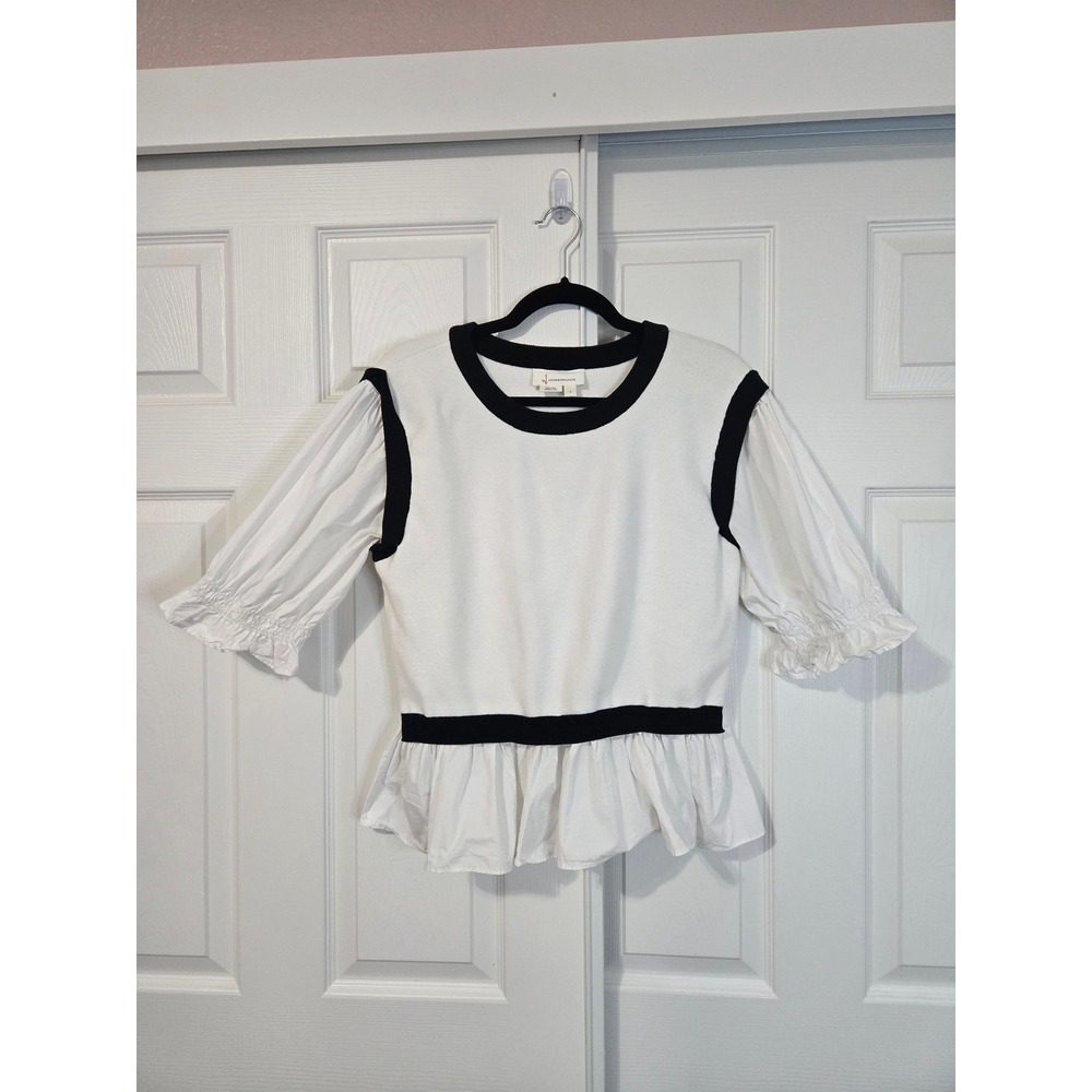 Anthropologie Mixed Media Peplum Top White Black Contrast Puff Sleeve Large